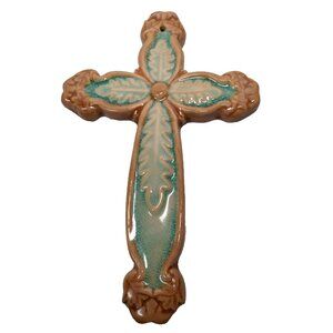 Ceramic Holy Cross Brown Blue Ornate Christian Religious Jesus Easter Hanging